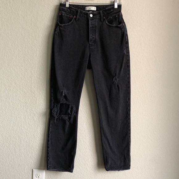 Abercrombie and Fitch Curve Love The Dad High Rise Jeans Short Black Distressed - Picture 2 of 14